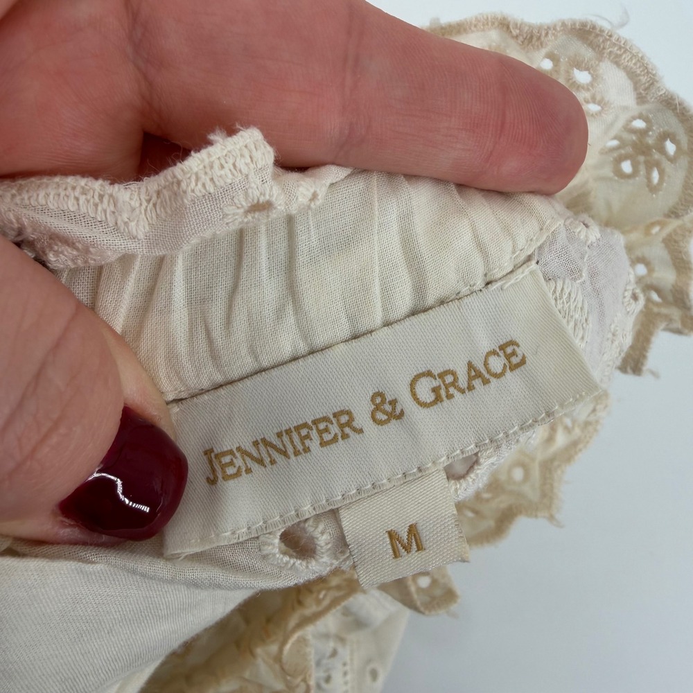 Jennifer & Grace Womens M Cream Cotton Eyelet Blouse Ruffle Neck Back Button Top - Picture 3 of 6